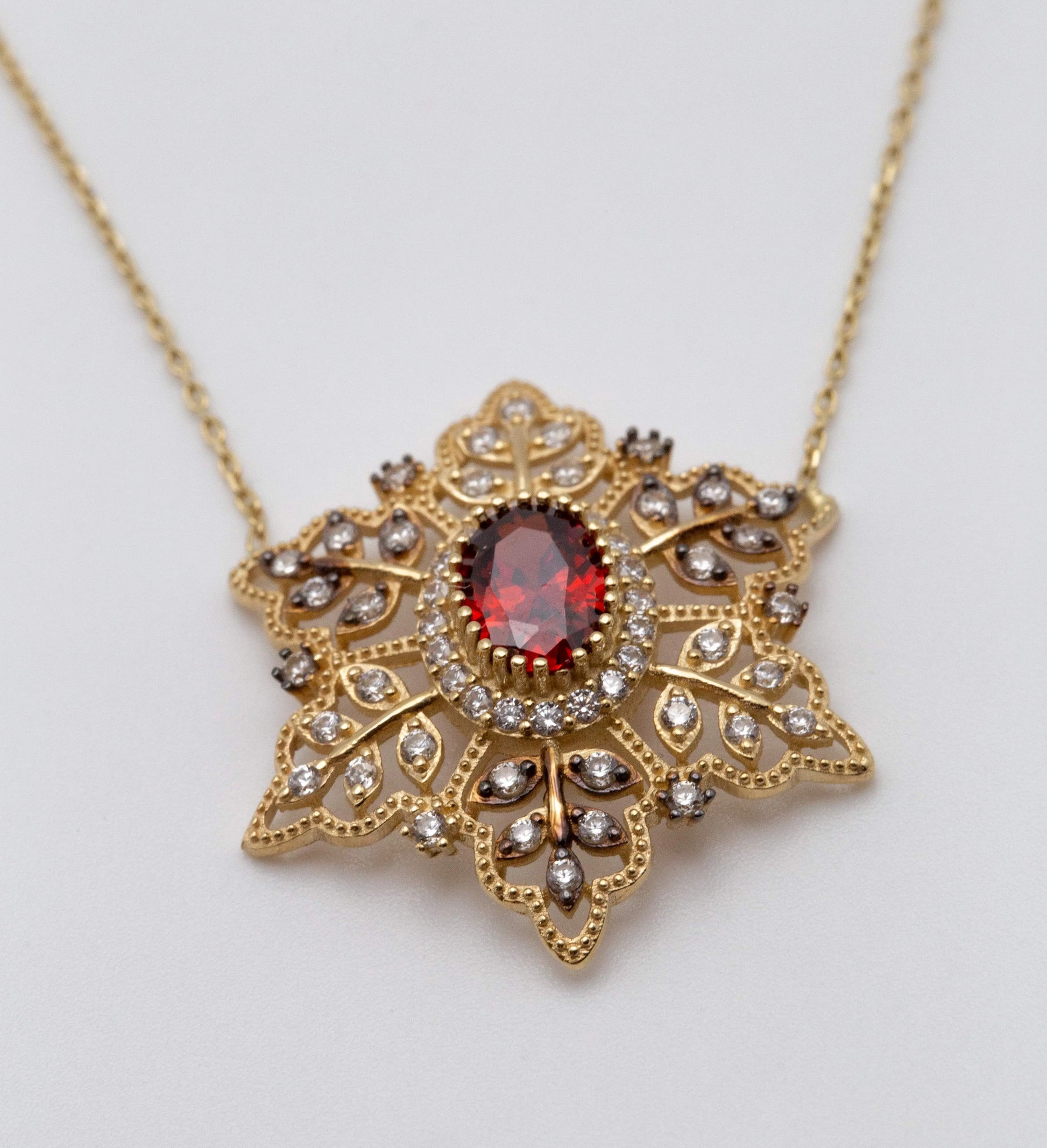 14 KT Yellow Gold Red Stoned Snowflake Necklace - TK GOLD