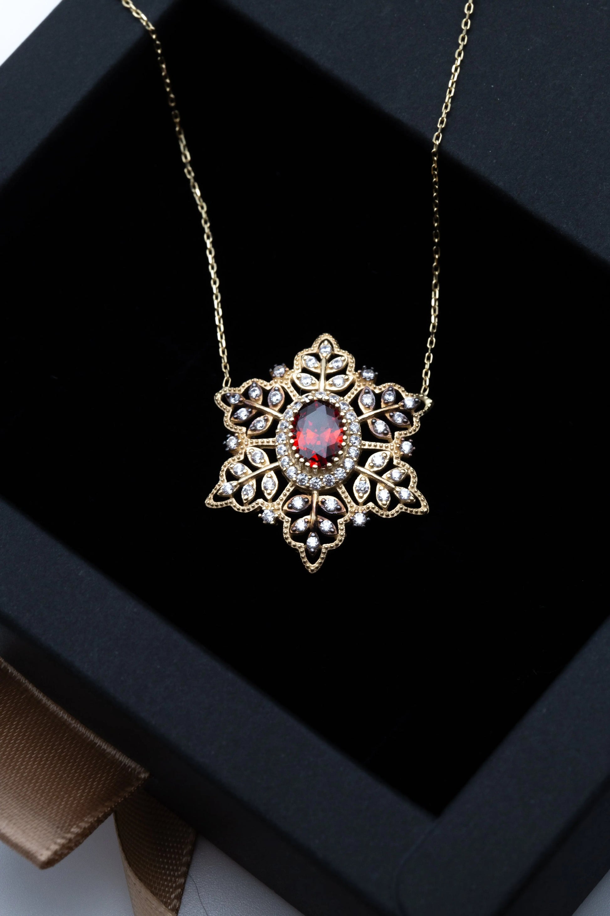 14 KT Yellow Gold Red Stoned Snowflake Necklace - TK GOLD