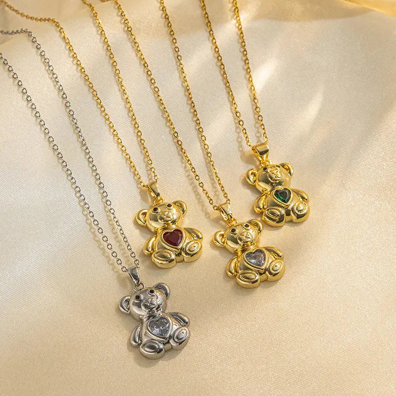 18K Gold Plated Red Stoned Little Bear Necklace TK GOLD