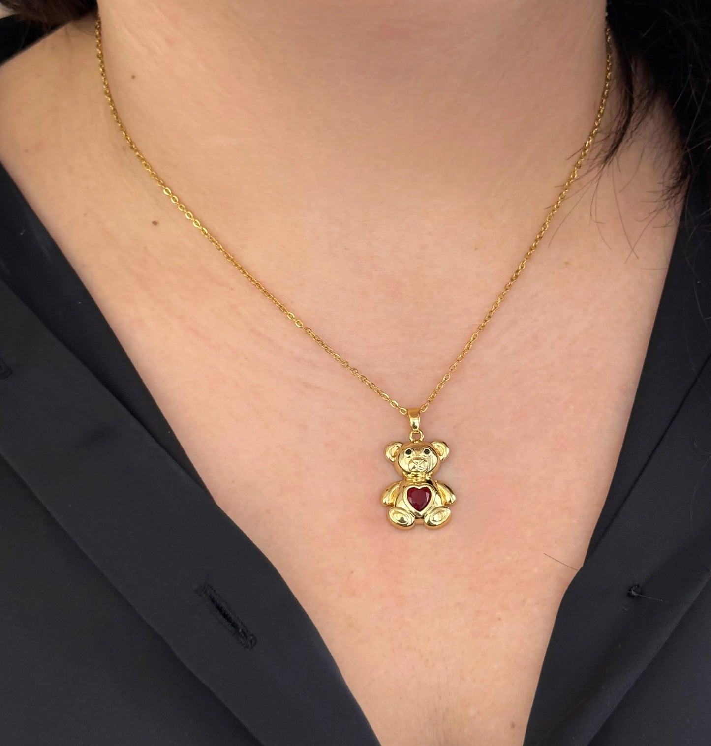 18K Gold Plated Red Stoned Little Bear Necklace TK GOLD