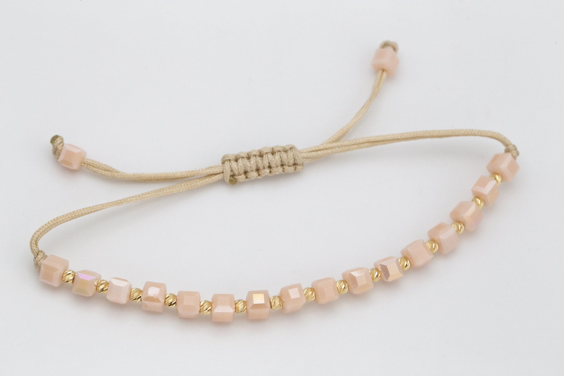 Beige String Bracelet with Solid 14 KT Yellow Gold Beads - TK GOLD