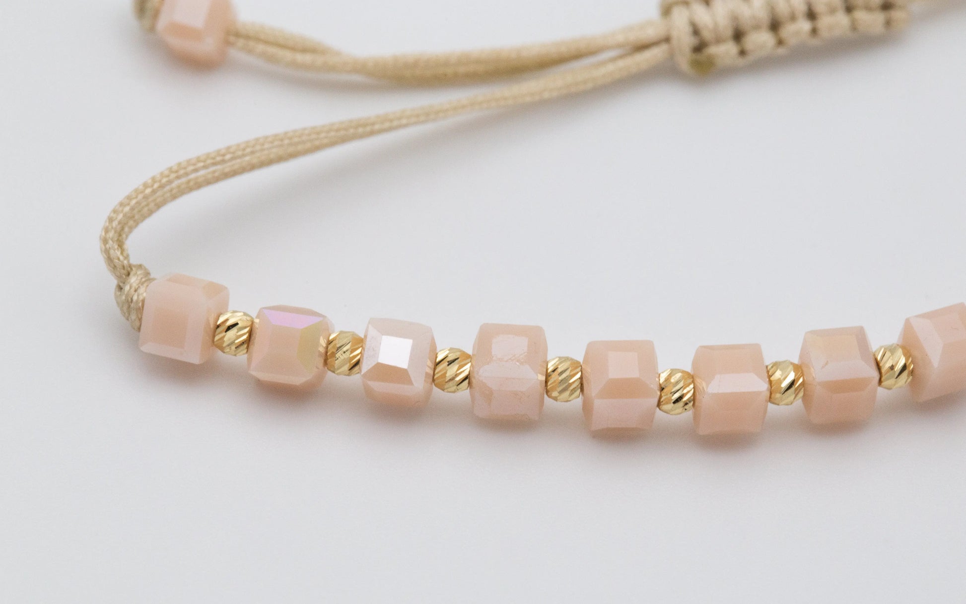 Beige String Bracelet with Solid 14 KT Yellow Gold Beads - TK GOLD