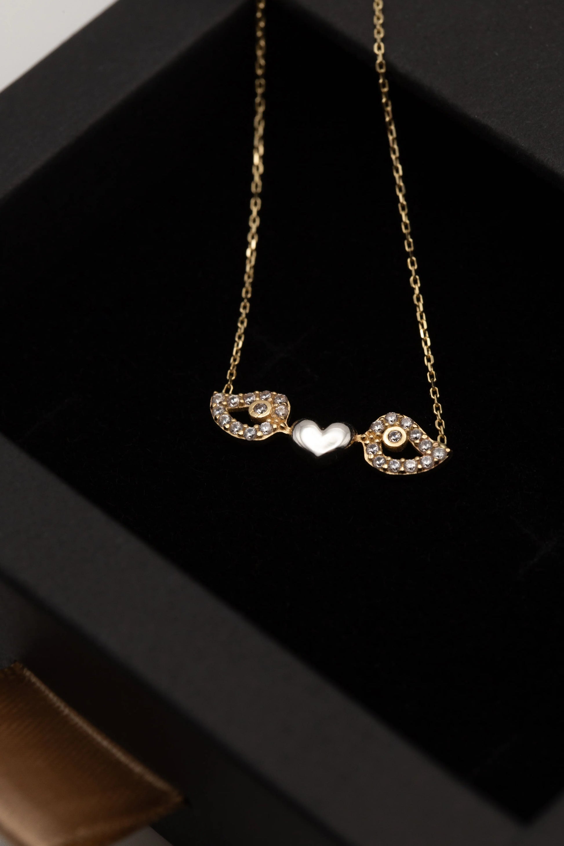 White Gold Shaped Heart with Stoned 14 KT Yellow Gold Wings Necklace - TK GOLD