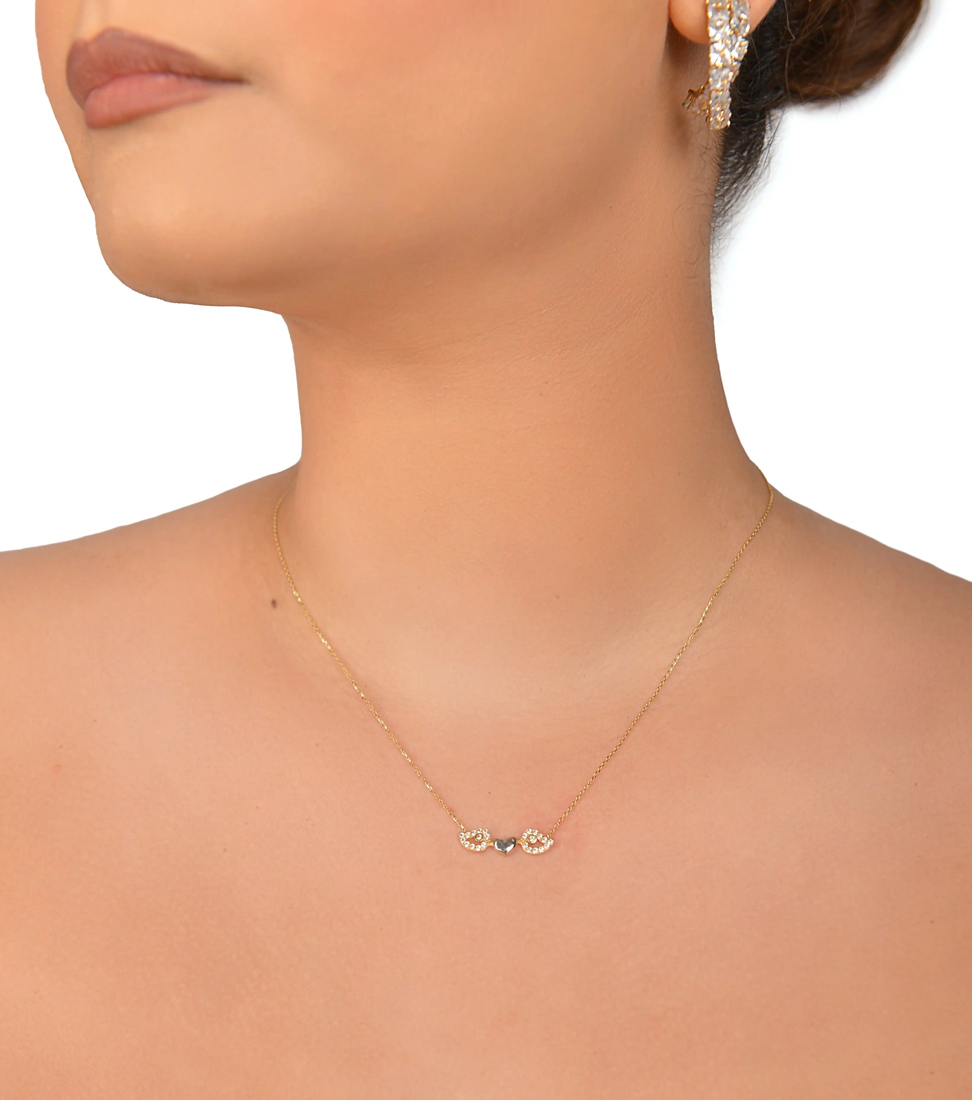 White Gold Shaped Heart with Stoned 14 KT Yellow Gold Wings Necklace - TK GOLD
